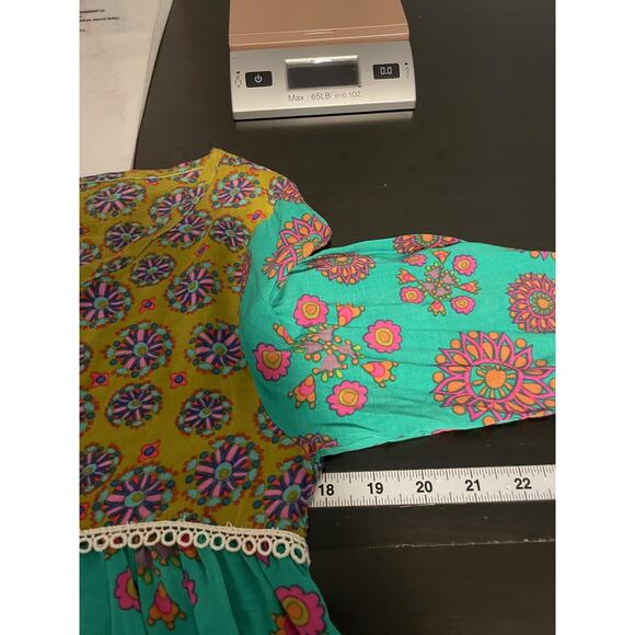 Natural Life Live Happy Shirt Womens Small Medium Green Boho Floral Fringe Tunic - Picture 5 of 7